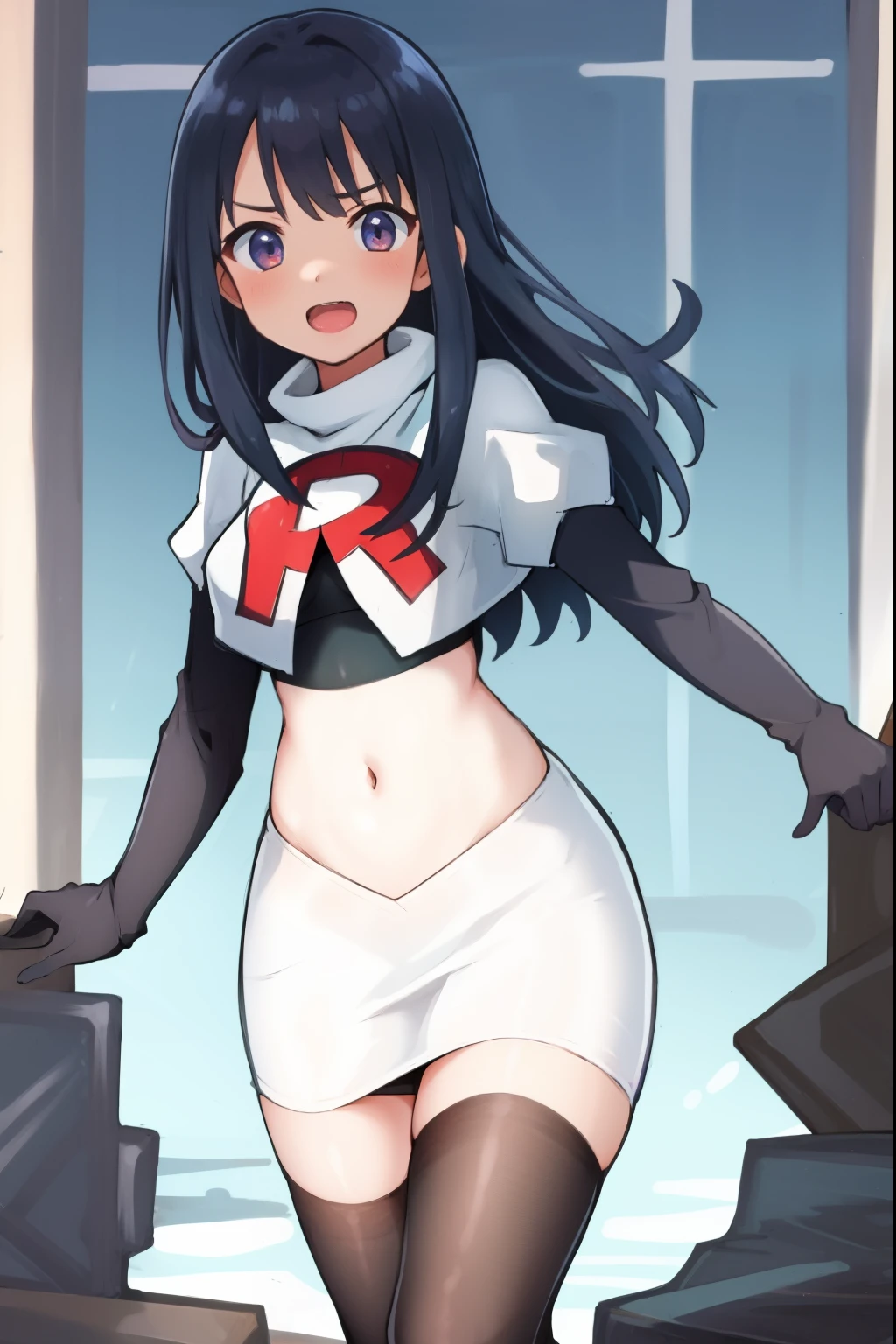 absurdres,masterpiece, best quality, highres, high quality, 1girl, super long hair,team rocket,team rocket uniform,white skirt,red letter R,crop top,black thigh-highs,black elbow gloves,