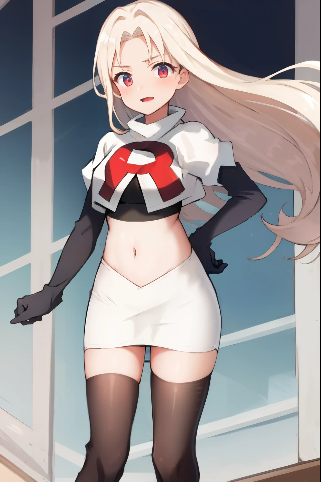 absurdres,masterpiece, best quality, highres, high quality, 1girl, super long hair,team rocket,team rocket uniform,white skirt,red letter R,crop top,black thigh-highs,black elbow gloves,