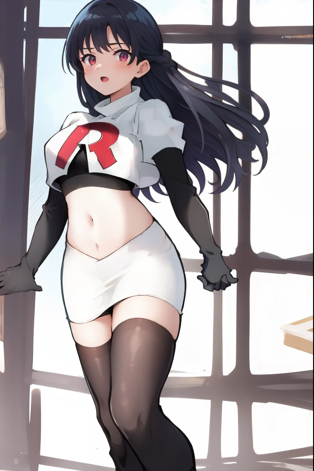 absurdres,masterpiece, best quality, highres, high quality, 1girl, super long hair,team rocket,team rocket uniform,white skirt,red letter R,crop top,black thigh-highs,black elbow gloves,