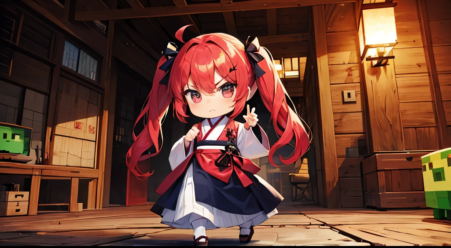 (chibi), angry, Red hair,(Two-pronged pigtails), s whole body, minecraft, korean hanbok