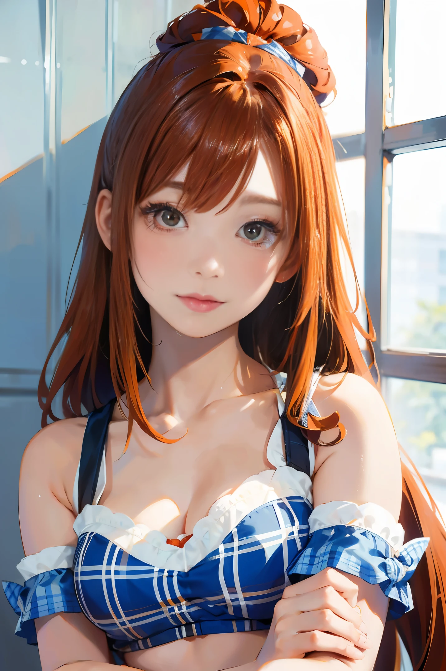 The upper part of the body、an oil painting、​masterpiece、top-quality、hight resolution、Red hair、bobhair、Sleeping in bed、Naughty look、White and blue gingham check bra、Button is disconnected、White and blue gingham checked panties、Bending legs、Female face、Hot face、A slightly troubled look、Hot and sweaty