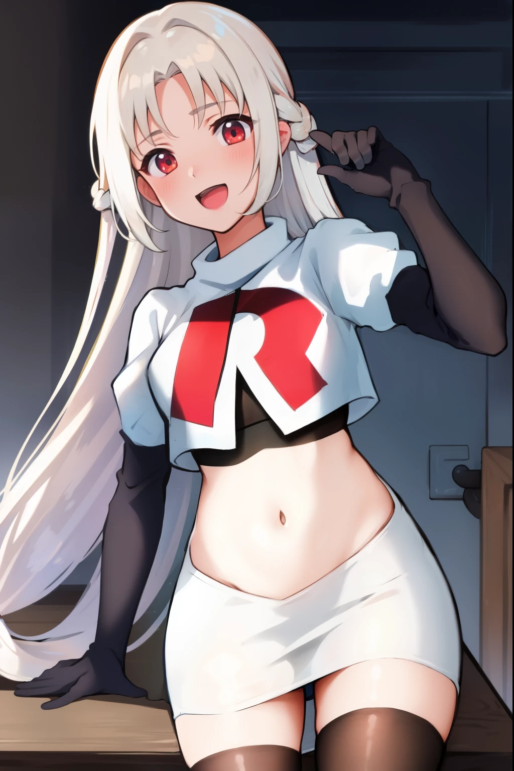 absurdres,masterpiece, best quality, highres, high quality, 1girl, super long hair,team rocket,team rocket uniform,white skirt,red letter R,crop top,black thigh-highs,black elbow gloves,