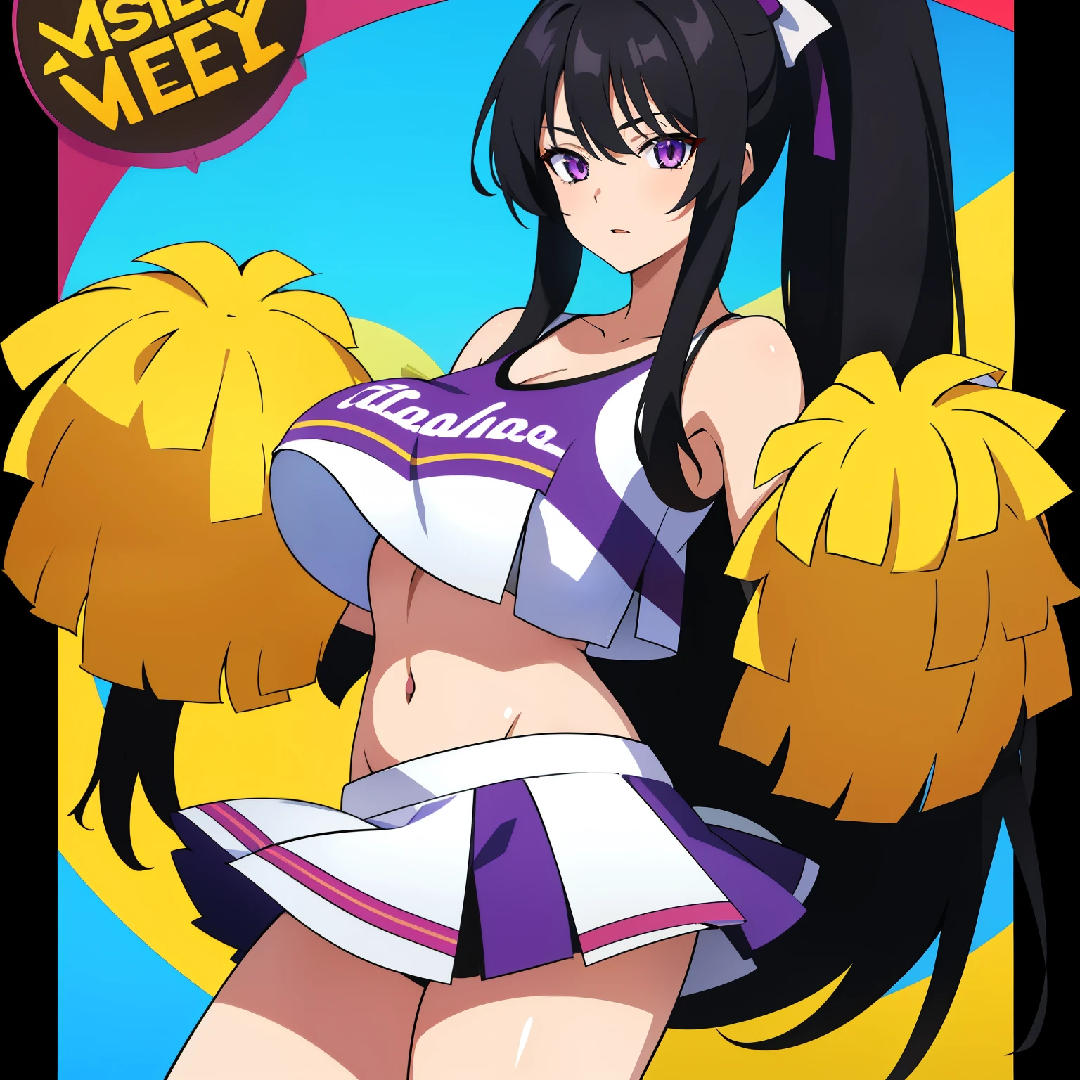 1024 X 1536, (masterpiece), maximum quality, 1girl, black hair, long hair, ponytail, purple eyes, large breasts, cheerleader, white skirt, cheerleader, navel, midriff,