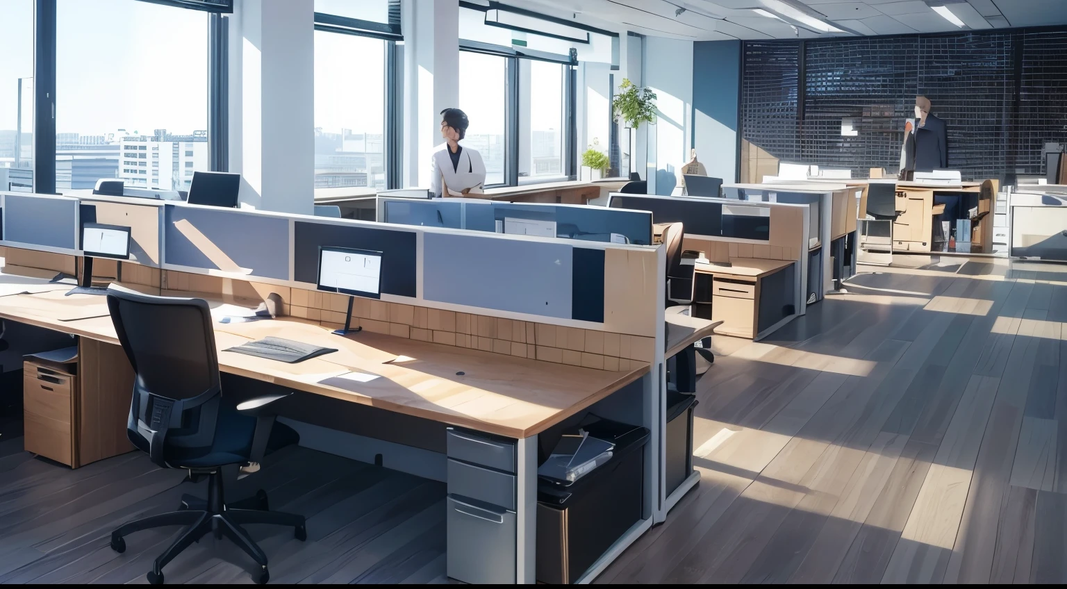(Best Quality,4K,hight resolution),Realistic,Vibrant small office scene, Panoramic view of small company office, Detailed interior with desk, Several men and women working in suits, wearing a shirts, Computers at each desk, Office Landscape, Sunny weather, Vibrant colors