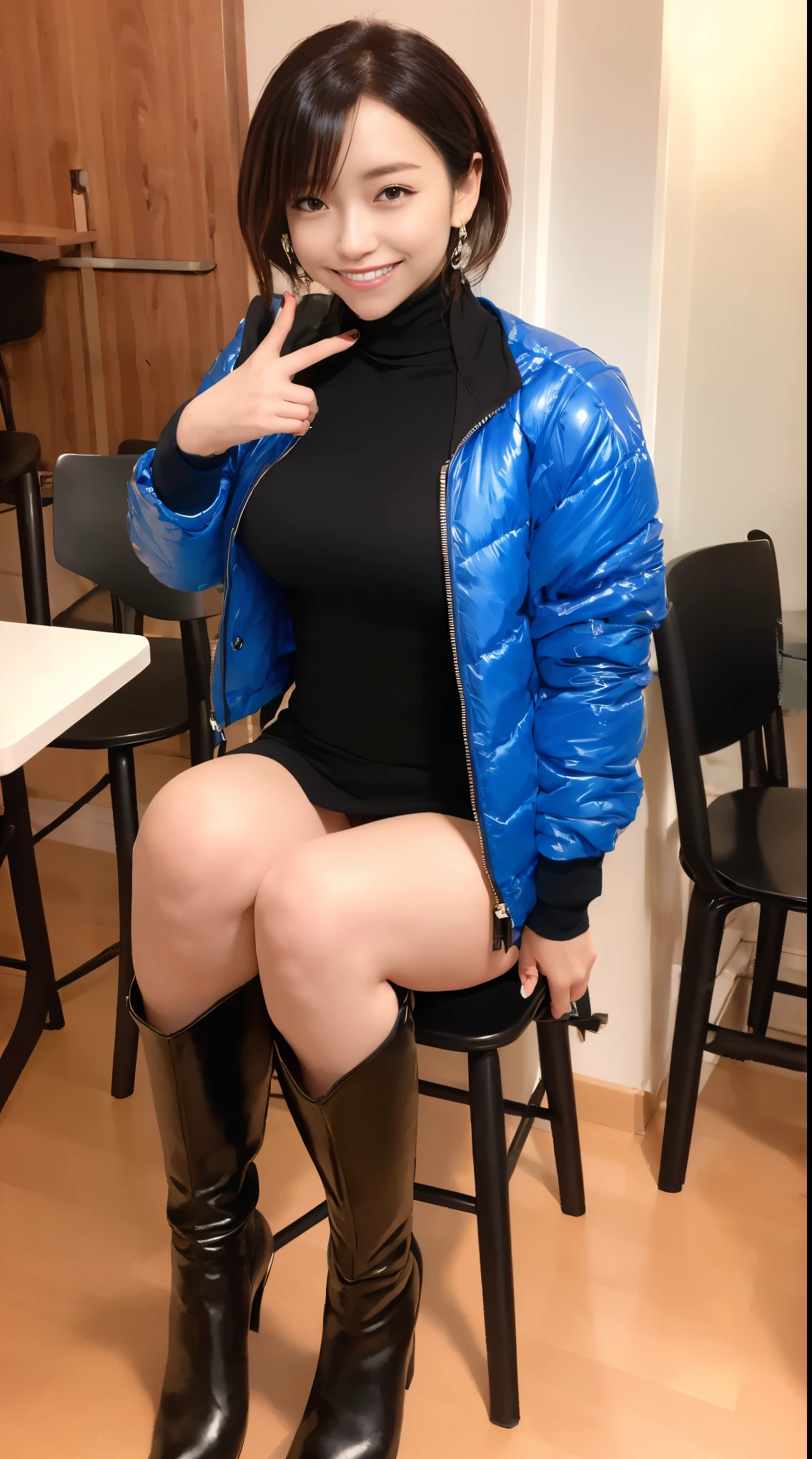 (in 8K、超A high resolution、Best Quality、masuter piece、Photorealsitic、The ultra -The high-definition)、(Black turtleneck、The gesture of taking off a blue down jacket、Definitely a pretty short black micro miniskirt:1.28)(It will definitely snow、sit on a chair in a cafe:1.1)A Japanese Lady、Cute smile、long boots