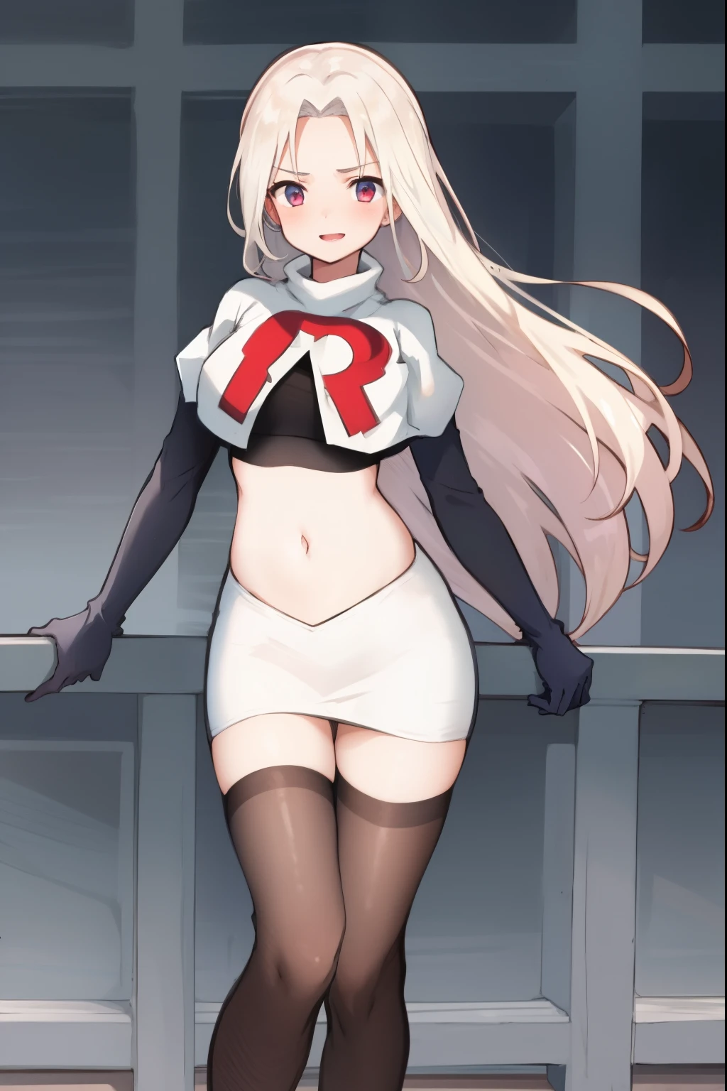 absurdres,masterpiece, best quality, highres, high quality, 1girl, super long hair,team rocket,team rocket uniform,white skirt,red letter R,crop top,black thigh-highs,black elbow gloves,