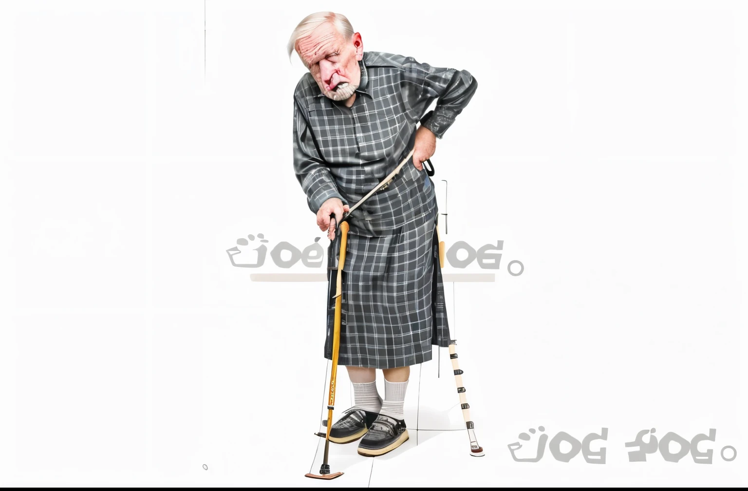 old man coughing，stooped，Take crutches