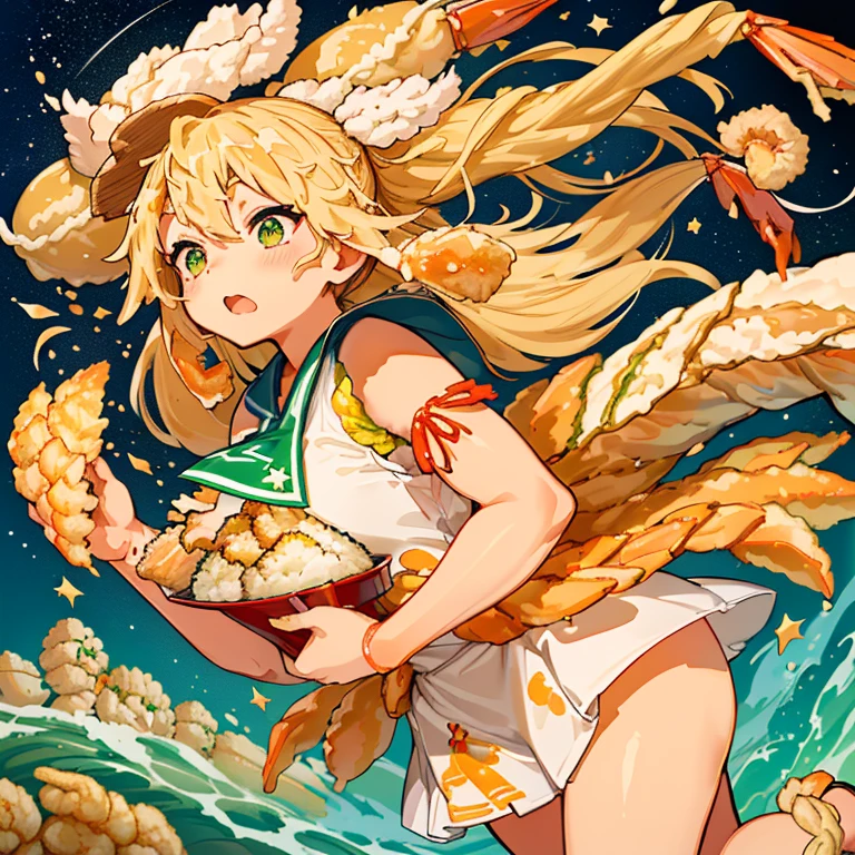 A large asparagus girl who serves large soba noodles flies.、Amazing dynamism、Amazing Angle、Overwhelmingly buoyant maple sandstorm、((((surround in a star shape&#39;seafood tempura))))((((A lot of shrimp tempura strips floating and chasing each other..))))