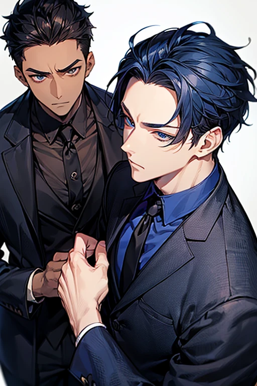 ((((1male people))))、((masutepiece)), ((Best Quality)), (((Brown skin))), ((dark blue eyes)), ((Dark blue hair))、Handsome man , (((very very short hair、Forehead))), masculine、Tall、Sexy man、Adult man、Sanpaku eyes、Black suit、handsome man、firmly、broad shoulders、The upper part of the body、细致背景、Allback、appeal、Bad eyes