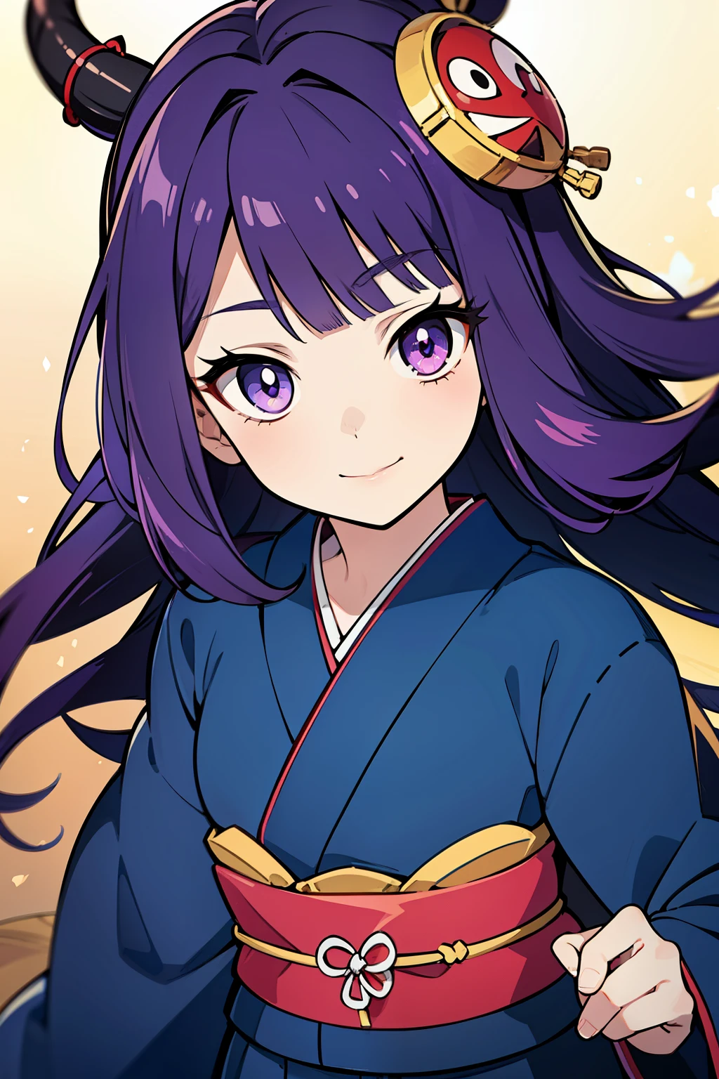 (high-quality, breathtaking),(expressive eyes, perfect face) ((yukata)), 1girl, female, solo, , light black and purplehair, streaks in hair, indigo coloured eyes, gentle smile, medium length hair, loose hair, side bangs, curley hair, japanese clothing, elegant, soft make up, hair pin accessory in hair, oiran, demon slayer art style, wears a hyottoko mask