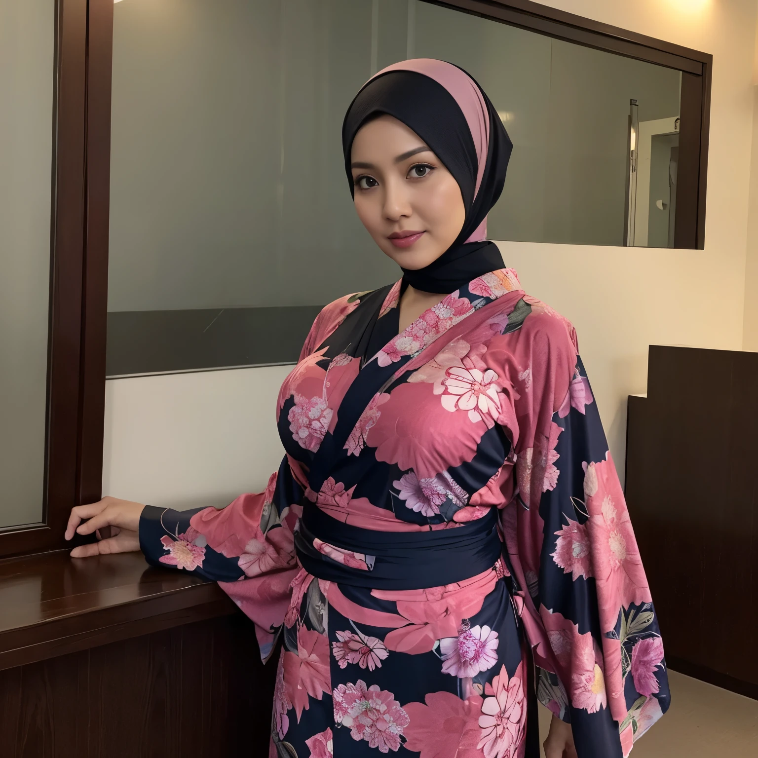 54 years Old, Hijab Indonesian mature woman, Ulta-Gigantic Tits, Tight Yukata, Slim body, Breast about To burst out, at doctor office, Dark light, at Nighttime