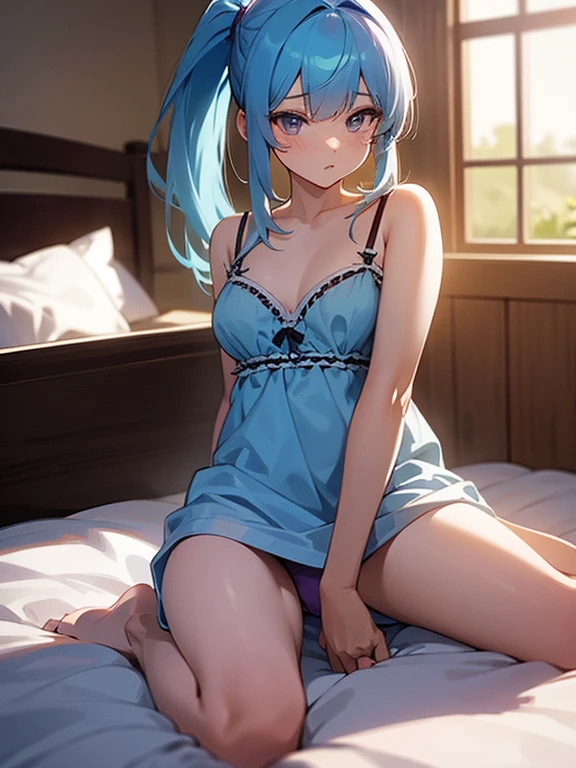 anime girl with light blue hair, Hair in a delicate blue tone, long hair, purple eyes, pony tail hair, y underwear dress, medium breats, matctions, very aesthetic detail anime background bed room, lamp