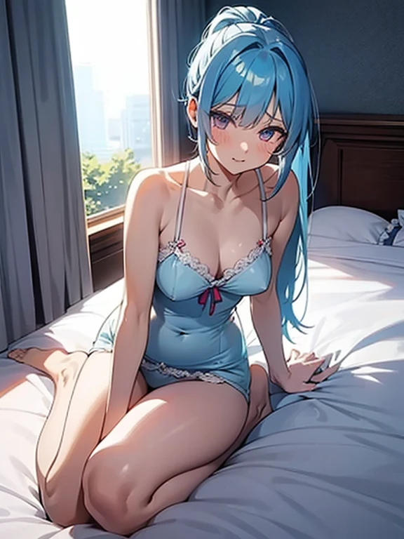 anime girl with light blue hair, Hair in a delicate blue tone, long hair, purple eyes, pony tail hair, sexy underwear dress, medium breats, mature factions, very aesthetic detail anime background bed room, lamp