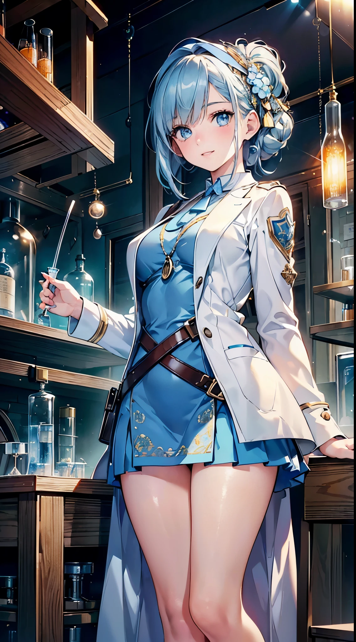 (best quality,4k,8k,highres,masterpiece:1.2),ultra-detailed,(realistic,photorealistic,photo-realistic:1.37),1girl,beautiful detailed eyes,beautiful detailed lips,extremely detailed eyes and face,long eyelashes,(20-year-old),light blue hair,deep blue pupils,light blue dress,light blue stockings,medium-sized mountain sparrow,(holding a light blue round flask in her right hand),Anne Hathaway's facial contours when she was 20 years old,smiling slightly,chemistry laboratory background,bellflower pattern decorated on the clothes