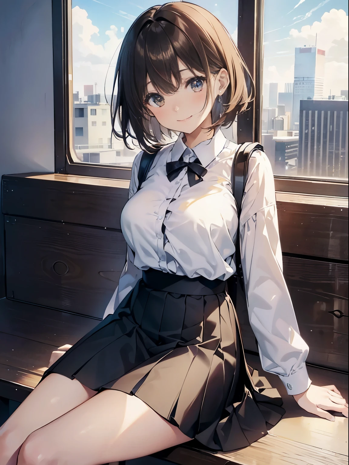 (8K、top-quality、masterpiece:1.2)、(reallistic、フォトreallistic:1.2)、 sitting on、pantyshot、Beautiful Definition Sky、watching at viewers、(Sit up:1.5)、A smile、big, full breasts and beautiful eyes)、(Dark blonde hair:1)、(short-hair:1.1)、pantyshot, pleatedskirt, student clothes, white panties, white shirt,Brown-eyed, pleatedskirt, masterpiece, top-quality, ultra-detailliert、Cross your legs、Raise one leg、