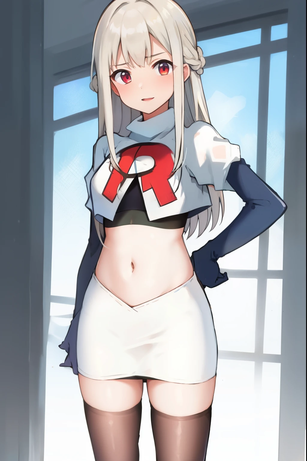 absurdres,masterpiece, best quality, highres, high quality, 1girl, super long hair,team rocket,team rocket uniform,white skirt,red letter R,crop top,black thigh-highs,black elbow gloves,