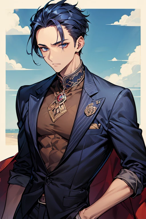 ((((1 male))))、((masutepiece)), ((Best Quality)), (((Brown skin))), ((dark blue eyes)), ((Dark blue hair))、Handsome man , (((very very short hair、Forehead))), masculine、Tall、Sexy man、Adult man、Sanpaku eyes、Black suit、handsome man、firmly、broad shoulders、The upper part of the body、细致背景、Allback、appeal、Bad eyes
