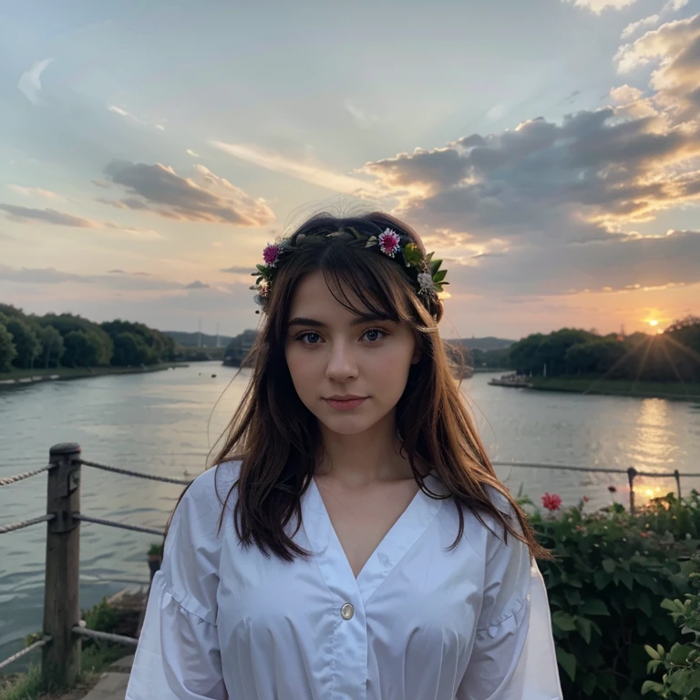 20 year old woman in Ukrainian costume Corolla wreath wearing wreath on head Blue eyes River and blue sky in background Afternoon light sunset realistic illustration