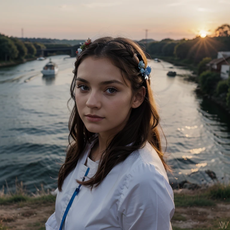 20 year old woman in Ukrainian costume Corolla wreath wearing wreath on head Blue eyes River and blue sky in background Afternoon light sunset realistic illustration