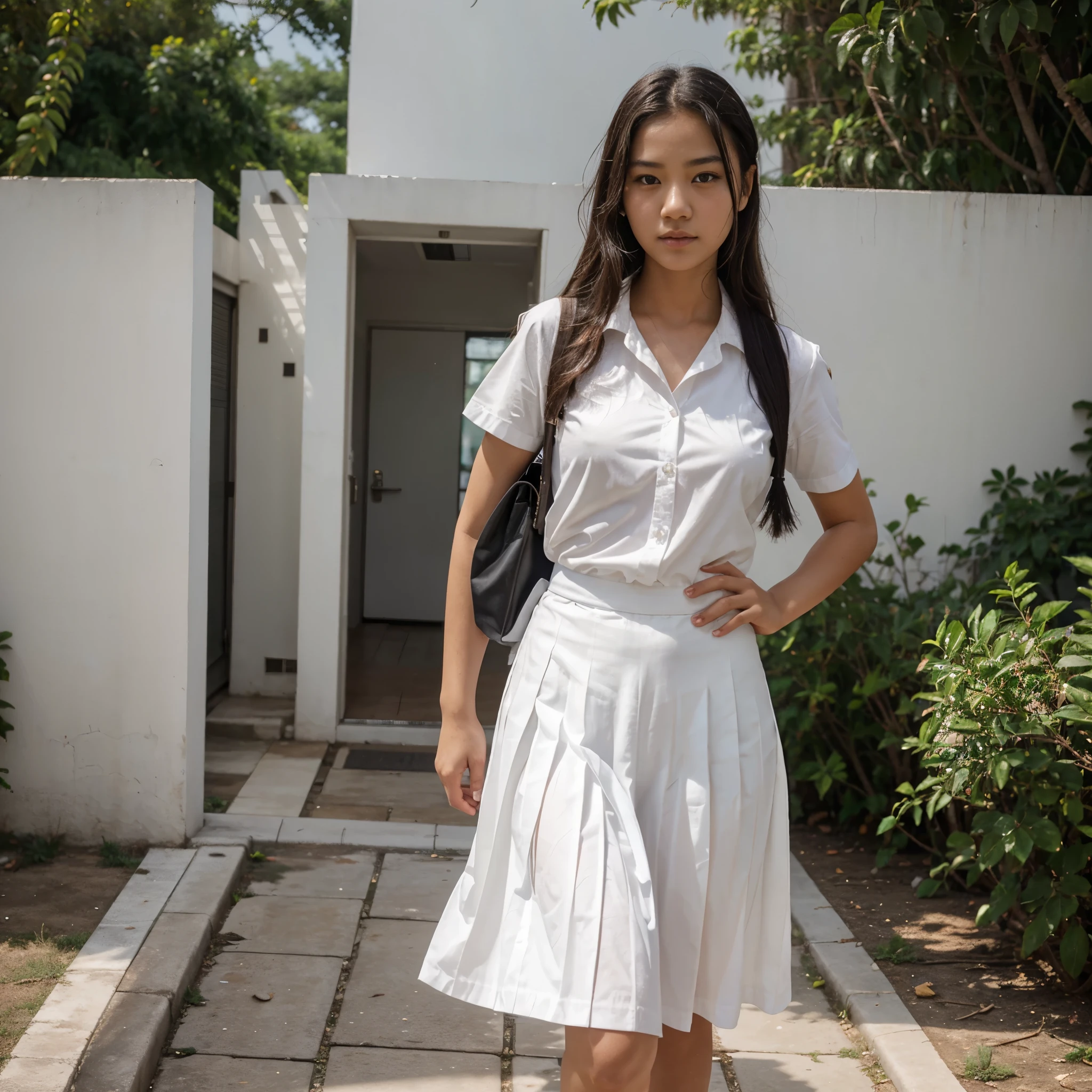 mathayom uniform, white shirt short sleeves, black pleated long skirt , A young girl with white skin and a beautiful face was walking to school. It was a photo taken with an iPhone 13 camera phone.