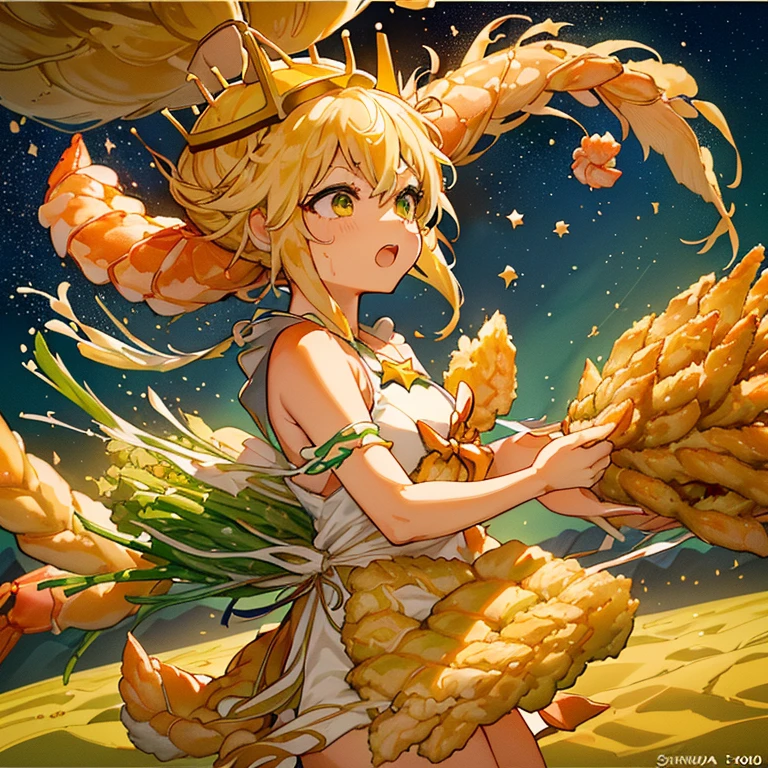 A large asparagus girl who serves large soba noodles flies.、Amazing dynamism、Amazing Angle、Overwhelmingly buoyant sandstorm、((((surround in a star shape'seafood tempura))))((((A lot of shrimp tempura strips floating and chasing each other..))))