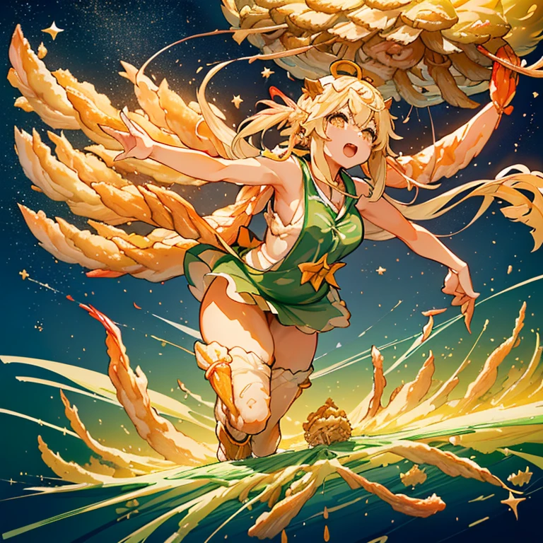 A large asparagus girl who serves large soba noodles flies.、Amazing dynamism、Amazing Angle、Overwhelmingly buoyant sandstorm、((((surround in a star shape'seafood tempura))))((((A lot of shrimp tempura strips floating and chasing each other..))))