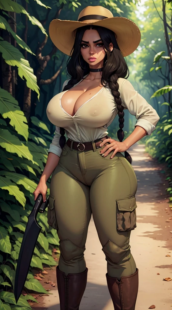 Mujer explorando la jungla, piel morena, cabello con trenzas color negro, ojos negros, cejas anchas, labios gruesos, mejillas delgadas con hoyuelos, large cheekbones, defined jaw and chin dimple, con sombrero de safari ingles, camisa blanca de tirantes sucia, coffee colored cargo pants, mud stained pants, botas militares, machete en mano cortando lianas, en escenario de ruinas en una jungla