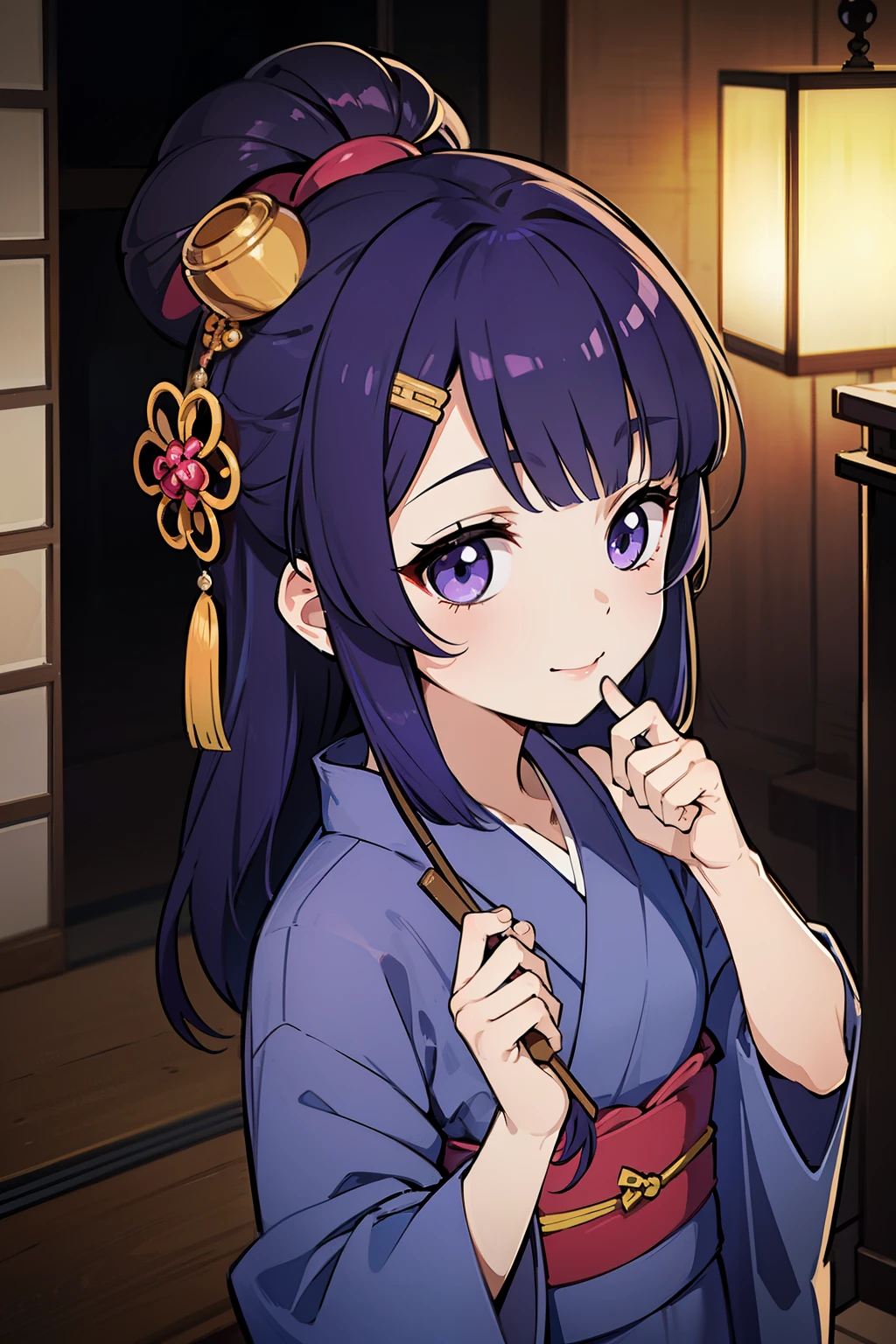 (high-quality, breathtaking),(expressive eyes, perfect face) ((yukata)), 1girl, female, solo,  , light black and purplehair, streaks in hair, indigo coloured eyes, gentle smile, medium length hair, loose hair, side bangs, curley hair, japanese clothing, elegant, soft make up, hair pin accessory in hair, oiran, demon slayer art style