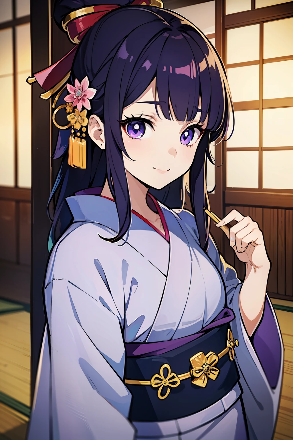 (high-quality, breathtaking),(expressive eyes, perfect face) ((yukata)), 1girl, female, solo, young child , light black and purplehair, streaks in hair, indigo coloured eyes, gentle smile, medium length hair, loose hair, side bangs, curley hair, japanese clothing, elegant, soft make up, hair pin accessory in hair, oiran, demon slayer art style