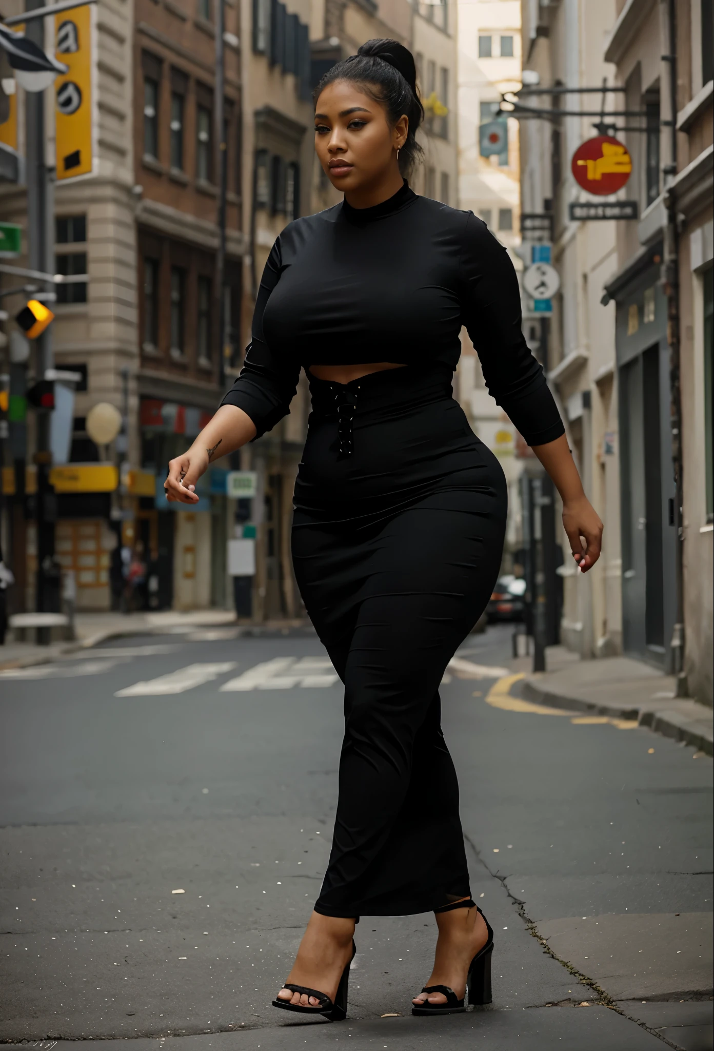 a woman in a black dress walking down a sidewalk, curvy hourglass figure, skinny waist and thick hips, nicki minaj curvy, hourglass figure, curvy figure, attractive feminine curves, beautiful thick female, curvaceous, curvaceous. detailed expression, plus size woman, thicc, gorgeous woman, very attractive and beautiful, curvy model