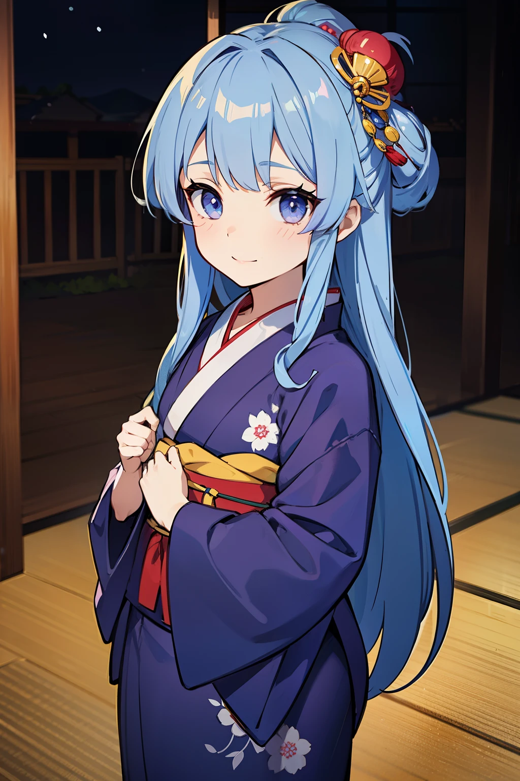 (high-quality, breathtaking),(expressive eyes, perfect face) ((yukata)), 1girl, female, solo, young child , light purple and blue hair, streaks in hair, indigo coloured eyes, gentle smile, long length hair, loose hair, side bangs, curley hair, japanese clothing, elegant, soft make up, hair pin accessory in hair, oiran, demon slayer art style