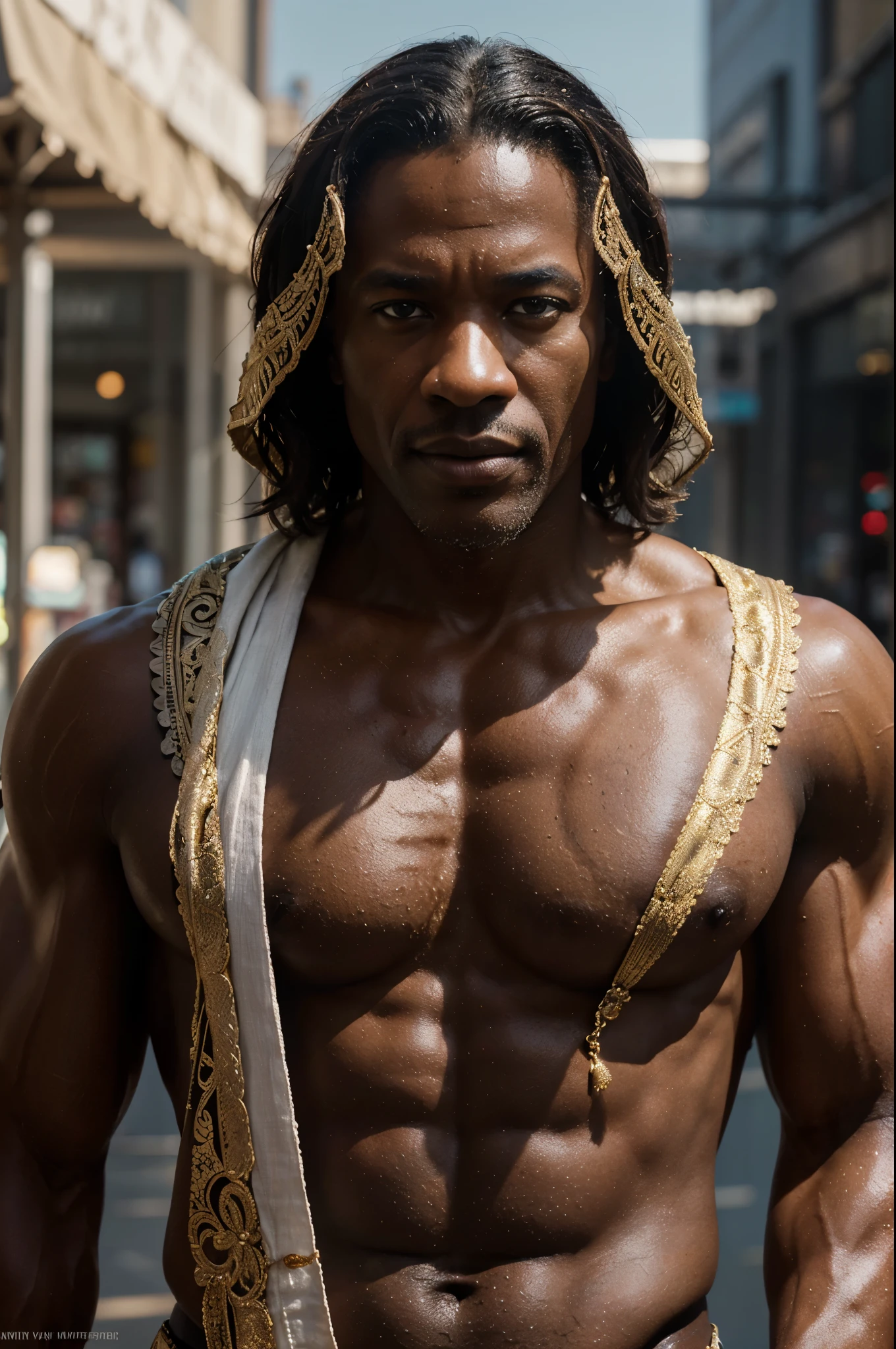 full body shot of a stunningly handsome middle age African men in soft light,,mister olympia anatomy,broad muscle legs,big delts,ripped,intricate, elegant, depth of field, zeiss lens, detailed, symmetrical, centered, fashion photoshoot, by annie leibovitz and steve mccurry, david lazar, jimmy nelsson, breathtaking, 8 k resolution, extremely detailed, beautiful, establishing shot, artistic, hyperrealistic, beautiful face, octane render, in ornate silver and gold lace cyberpunk