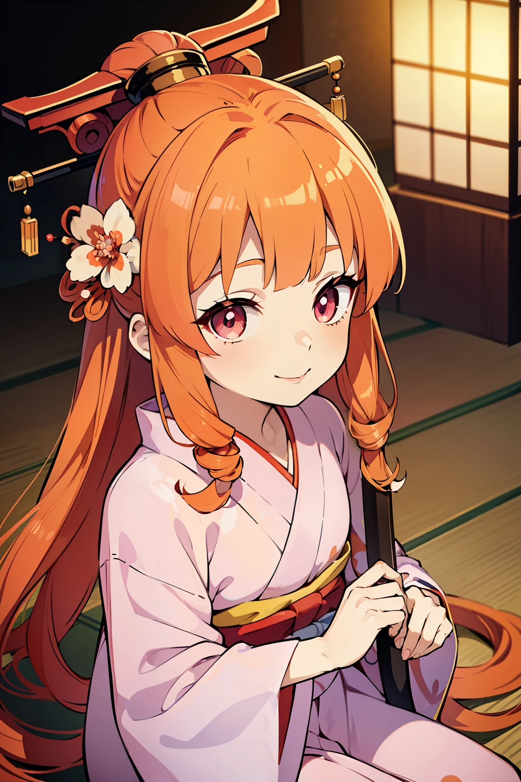 (high-quality, breathtaking),(expressive eyes, perfect face) ((yukata)), 1girl, female, solo, young child , orange hair, red tips, pink coloured eyes, gentle smile, long length hair, loose hair, side bangs, curley hair, japanese clothing, elegant, soft make up, hair pin accessory in hair, oiran, demon slayer art style