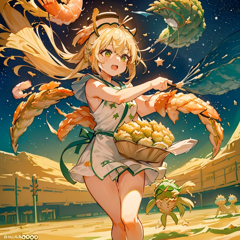 A large asparagus girl who serves large soba noodles flies.、Amazing dynamism、Amazing Angle、A sandstorm with overwhelming buoyancy、((((surround in a star shape&#39;seafood tempura))))((((A lot of shrimp tempura strips floating and chasing each other..))))