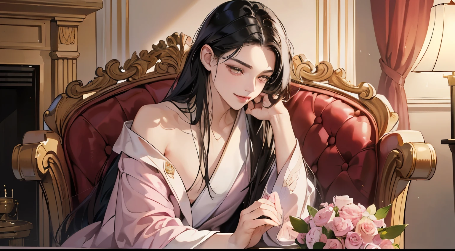 (Masute pieces, digital art, digital illustration, 10, 10, ultra-detail, beautiful image, sharp photo, photorealistic portrait, RAW photo, perfect face, Perfect lines, Perfect Eyes, gentle lighting) 1 woman, (Long black hair,straight hair,Bullish stare,beauty,luxury,manly,Wear a bathrobe..,Make-up is difficult,23 yo little girl,small:1.3),masculineหล่อสองคนในชุดสูท, (ผู้masculine,ผู้masculineในชุดสูท,Good muscles,wide, stable shoulder, masculine,ทรงผมเด็กผู้masculine,English gentleman style,ผู้masculineในวัย 30 ด้วยท่าทางเท่ๆ,masculineวัย 28 ปี ยิ้มสดใส:1.2),Antique furniture,antique clamp,antique chair,Chandeliers,crystal glass,luxury,Amazing lighting,marble fireplace,(Shy from,smiling shyly,pink rose bouquet:1.2),antique sofa,leather sofa,kiss、kiss、kissคู่、lips touch、kiss、จ้องมองและkiss、