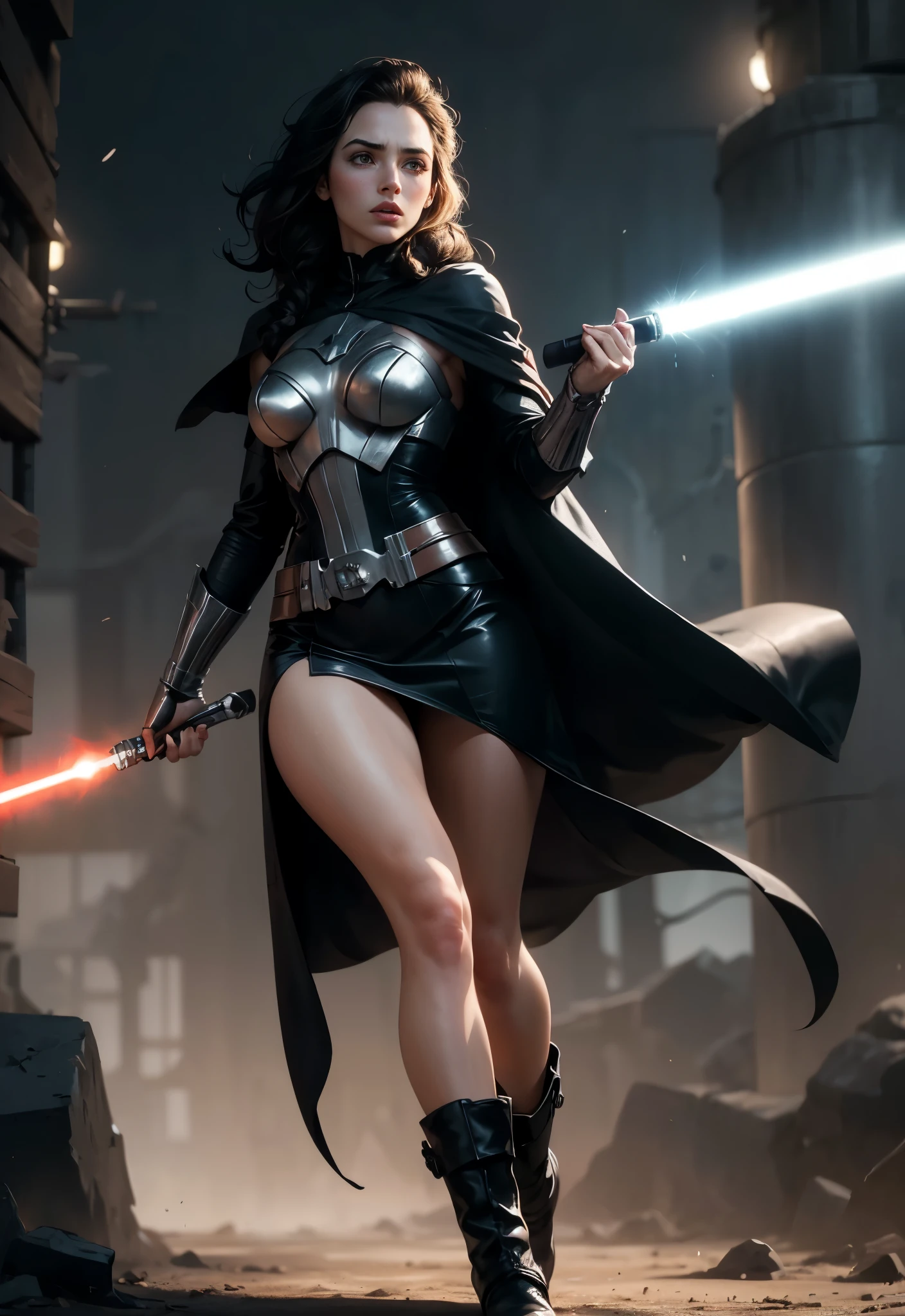 A cute woman, 25 years old, in a sexy Darth Vader outfit, wielding a red lightsaber, battling her way through battle droids and Rebel soldiers, menacing poses, sci-fi horror, detailed face, beautiful eyes, detailed high quality, dark moody lighting, dramatic cinematic lighting, photorealistic, concept art style, dynamic action scene, vivid colors, ultra-detailed, 8k, masterpiece