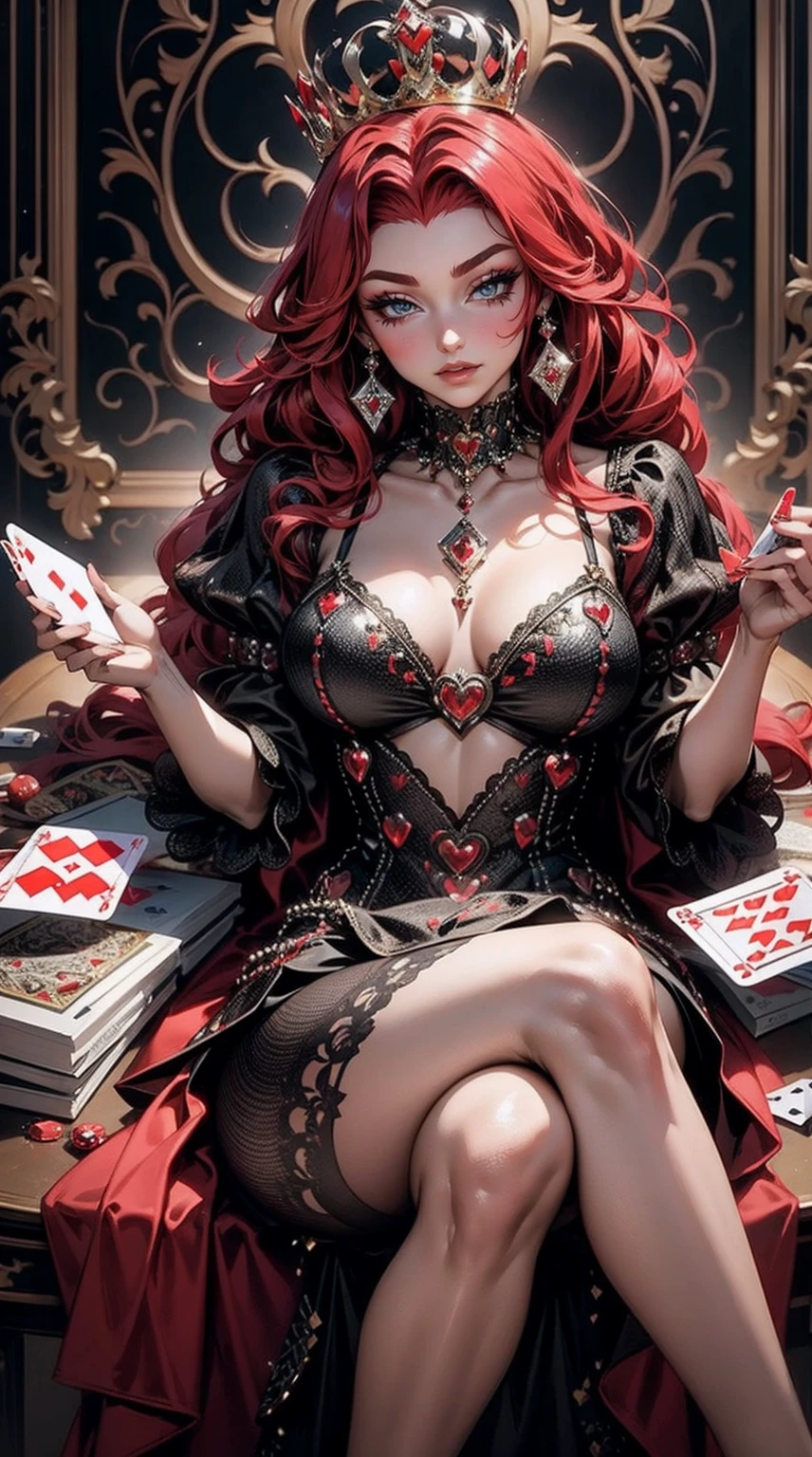 Em um luxuoso cassino, A stunning woman wears an exquisite dress adorned with heart symbols, embodying the royal presence of the Queen of Hearts. Surrounded by a backdrop of poker cards and chips, She exudes confidence and seduction, convidando os jogadores a testar sua sorte e habilidades no jogo de azar. Deitada na mesa de poker. com cabelos curtos, enrolados, cabelos vermelhos (queen of hearts)