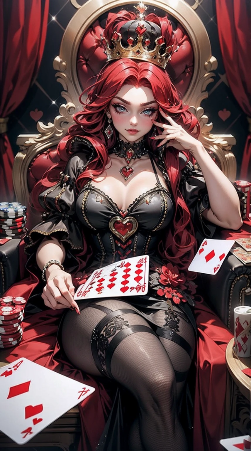 Em um luxuoso cassino, A stunning woman wears an exquisite dress adorned with heart symbols, embodying the royal presence of the Queen of Hearts. Surrounded by a backdrop of poker cards and chips, She exudes confidence and seduction, convidando os jogadores a testar sua sorte e habilidades no jogo de azar. Deitada na mesa de poker. com cabelos curtos, enrolados, cabelos vermelhos (queen of hearts)
