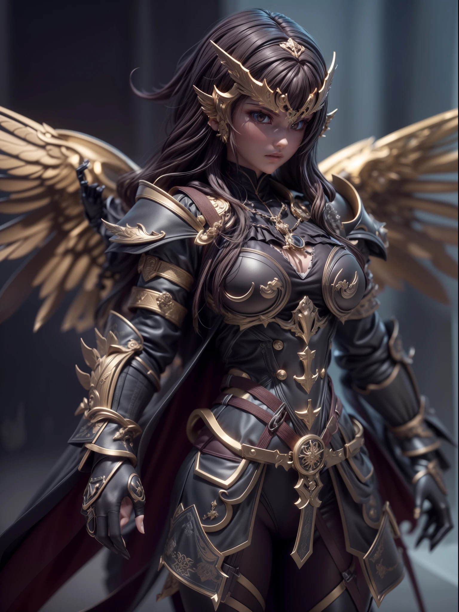 (Blind box toy style:1.2), (Full body shot) , 1 Mechanical Angel ,anatomy correct，Black-gray metal winglack-gray armor, hooding:1.2, Solo，(circular base:1.2）， Baroque style, dreamy glow, Clean, Brown undertone, Battle damage style:1.2,Black gold style ( Clean background，Global illumination, Ray traching, hdr, unreal render,reasonable design, high detal, Masterpiece, Best quality, hyper HD, Cinematic lighting)