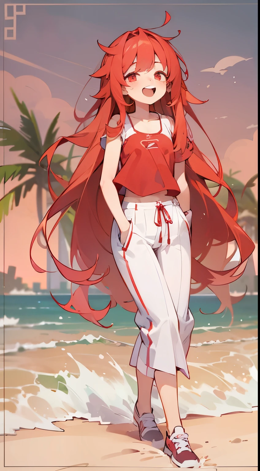 sandbeach，beachside，the sunset，Long red hair，red color eyes，shorter pants，laughingly，eye closeds，8K分辨率，teens girl