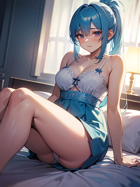 anime girl with light blue hair, Hair in a delicate blue tone, long hair, purple eyes, pony tail hair, sexy underwear dress, medium breats, mature factions, very aesthetic detail anime background bed room, lamp, night