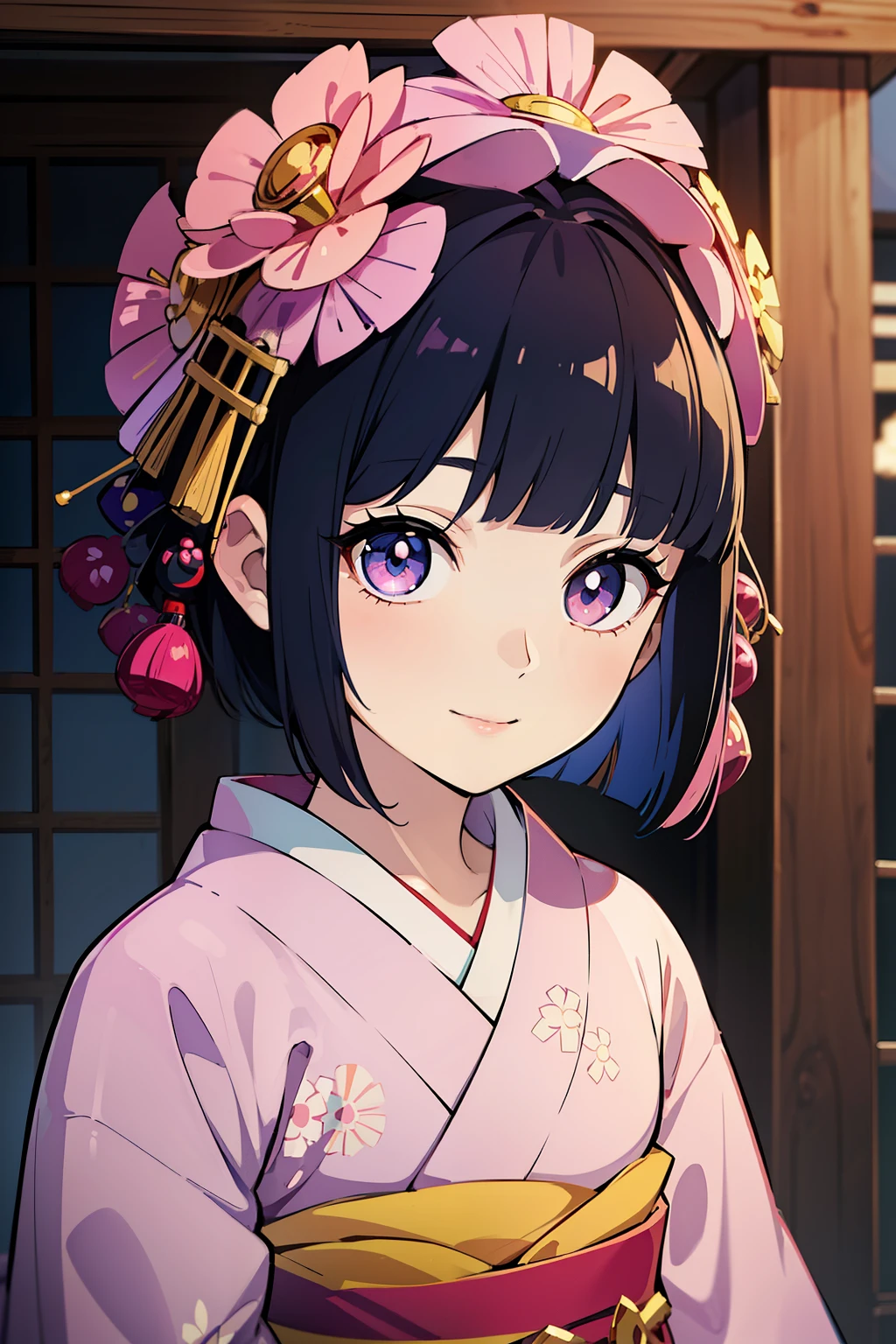 (high-quality, breathtaking),(expressive eyes, perfect face) ((yukata)), 1girl, female, solo,  , black hair, blue tips, pink coloured eyes, gentle smile, short length hair, loose hair, side bangs, curley hair, japanese clothing, elegant, soft make up, hair pin accessory in hair, oiran, demon slayer art style