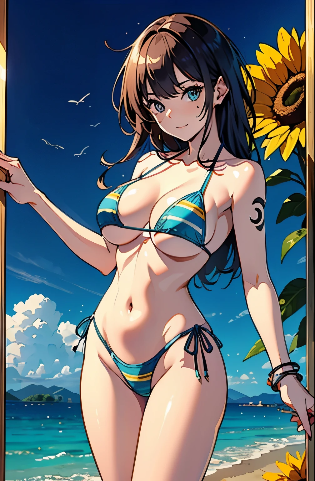 (((master piece))),(hyper quality::1.5), Hyper Detailed,Perfect drawing,。.。.。.。.。.。.3D,8K Illustration、(((clearface)))、summer sunlight、Sunflower Mountains、Hi-Res、japanes、1 persons、 Lady、ssmile、Beautiful skins、Lustrous hair、((beautiful proportion))、((Luxury swimwear))、(((Beautiful swimsuit)))、Japan background、nice background、((beatiful backgrounds))、(((Detailed drawing)))、Perfect Beautiful Girl、((Perfect Photo))、((emotional))、((Luxury))、spot light