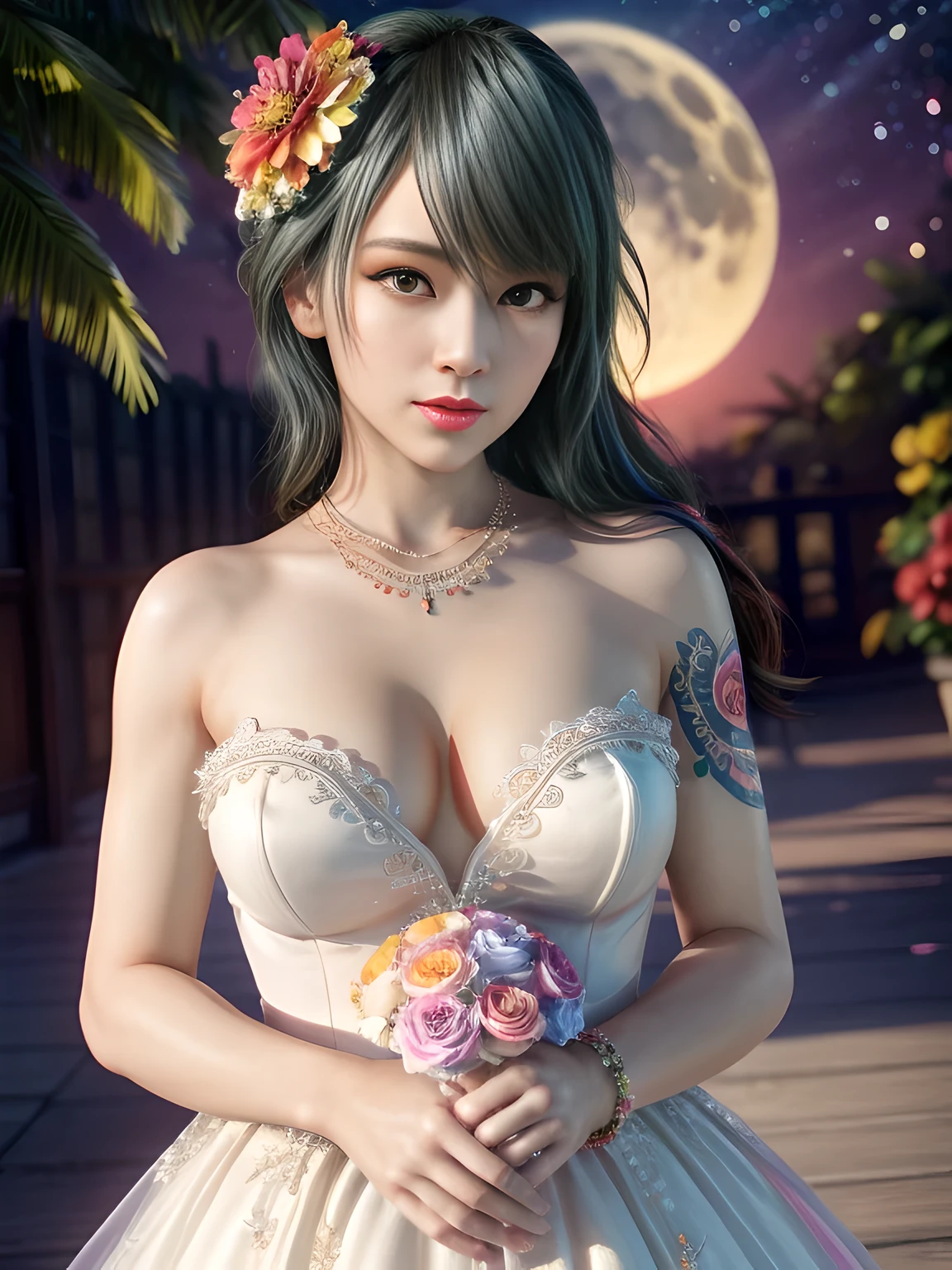 first person perspective,1 girl,Tamaki,(Dressed in vibrant rainbow color scheme art;wedding gown, bridal gown),((Flower shop)),jewely,Tattooed with,during night, full_themoon, As estrelas,Redlip,Charming cleavage,(tmasterpiece:1.5),( Best quality at best:1.4),(Realistis:1.4), detailed,8K,number art,detailed头发,Expressive eyes, s the perfect face, real fingers,depth of fields,Similar colors,a warm color palette,softlighting,low-contrast,hard shadows, 流行超Realistis,