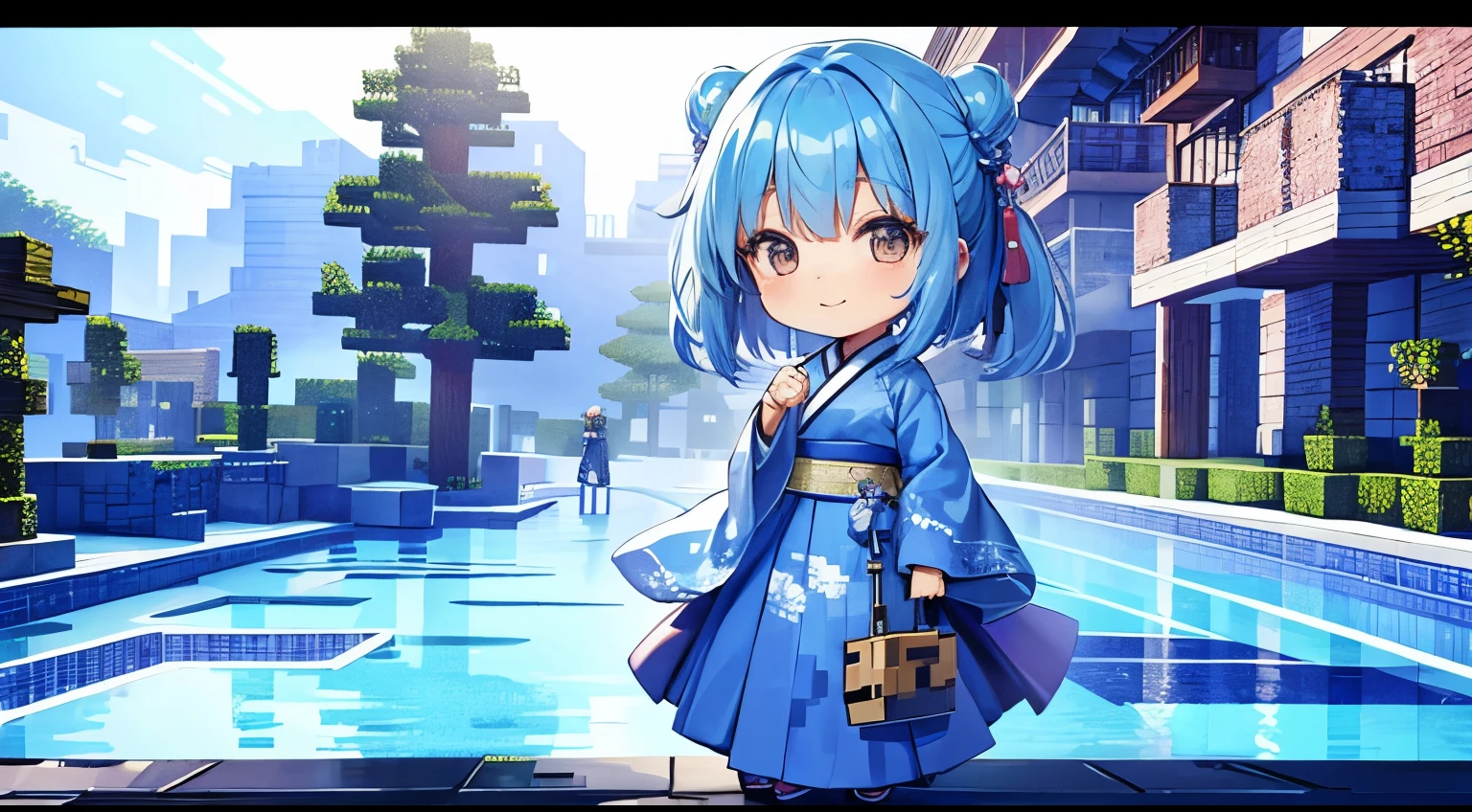 (chibi), happy, Sato, Blue hair, s whole body, minecraft, hanbok