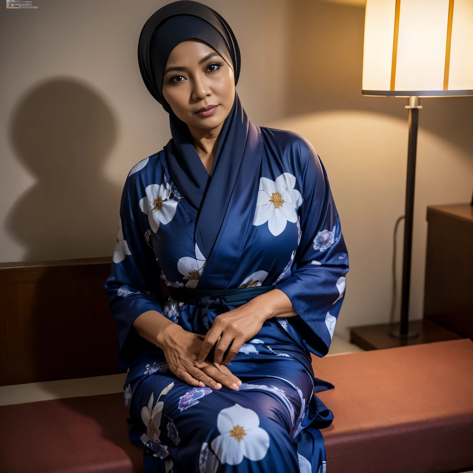 54 years Old, Hijab Indonesian mature woman, Ulta-Gigantic Tits : 98.9, Tight Yukata, Slim body, at doctor office, Dark light, at Nighttime