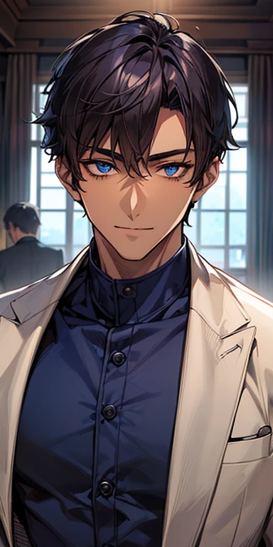 ((masutepiece)), ((Best Quality)), ((Brown skin)), ((Dark blue eyes)), ((Dark blue hair))、Handsome man , ((Very short hair、no bangor head)), masculine、tall、A sexy、 man、Sanpaku eyes、Suits、handsome man、Shigeru Koura、Firmly、well-muscled、broad shoulders、Invincible smile、Allback