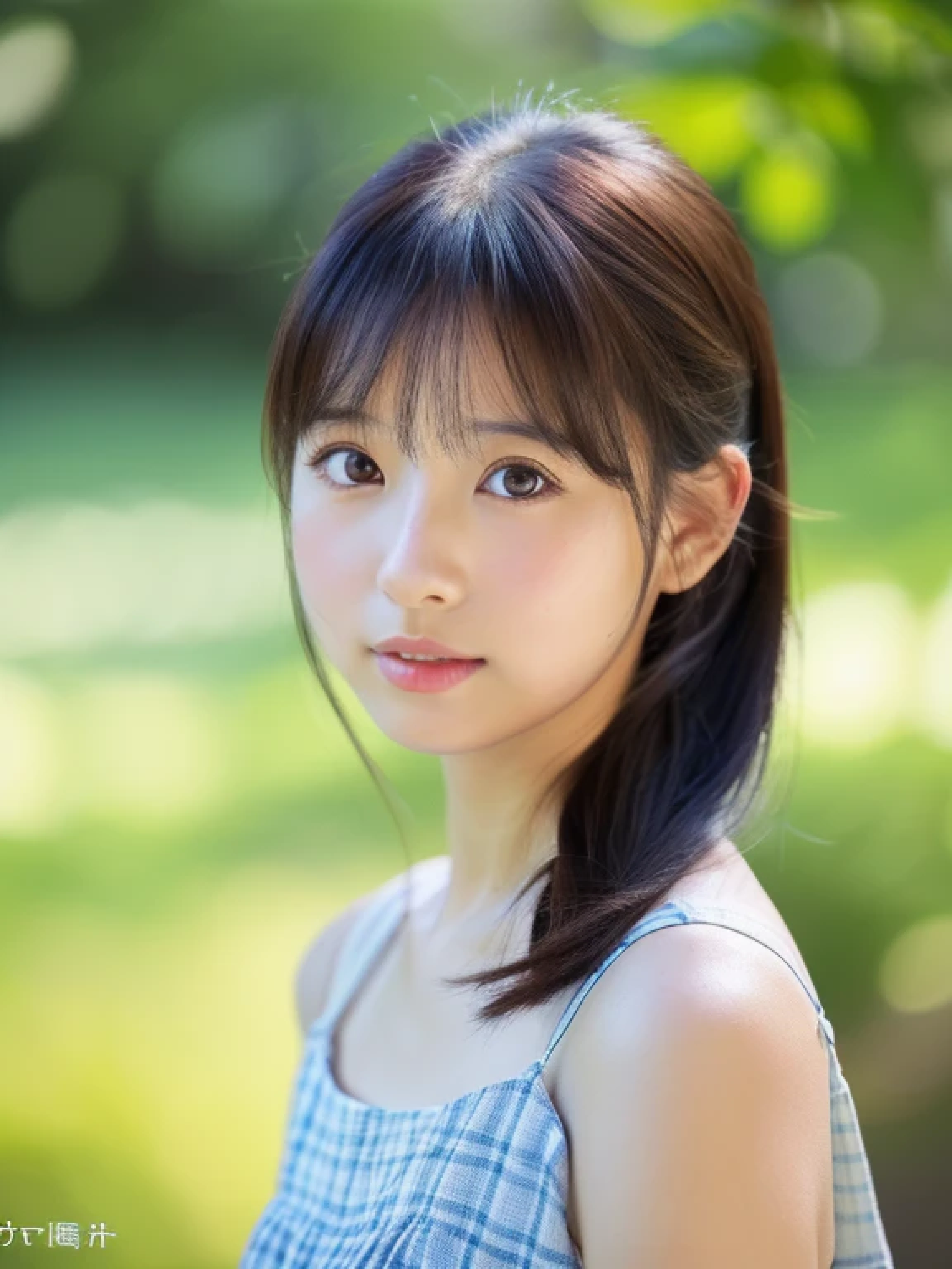 ((cute little日本の女の子、Beautiful japanese girl、1 girl in、Unclear、age19、poneyTail、Highly detailed facial and skin texture、refinement、hyperdetailed face、ultradetailed eyes、blusher、blush、teak、ピンクのteakを塗った頬、close-up of woman、bustup、frontageを向いている顔、frontageを向いている体、Looking at the camera、frontage、cute little、smooth white skin、Transparent skin texture、))、(dark brown  hair、bangss)、Beautiful Women in Perfect Style：1.4、Japanese Models、Young gravure idols、若いcute littleグラビアアイドル、Realistic Young Gravure Idol、refinementされたグラビアアイドル、((top-quality、in 8K、​masterpiece:1.3、１Photo))、(4K、RAW Photography、top-quality)、(reallistic、フォトreallistic:1.37)、Place a person on the other side of the screen、natural soft light、upper body and head、