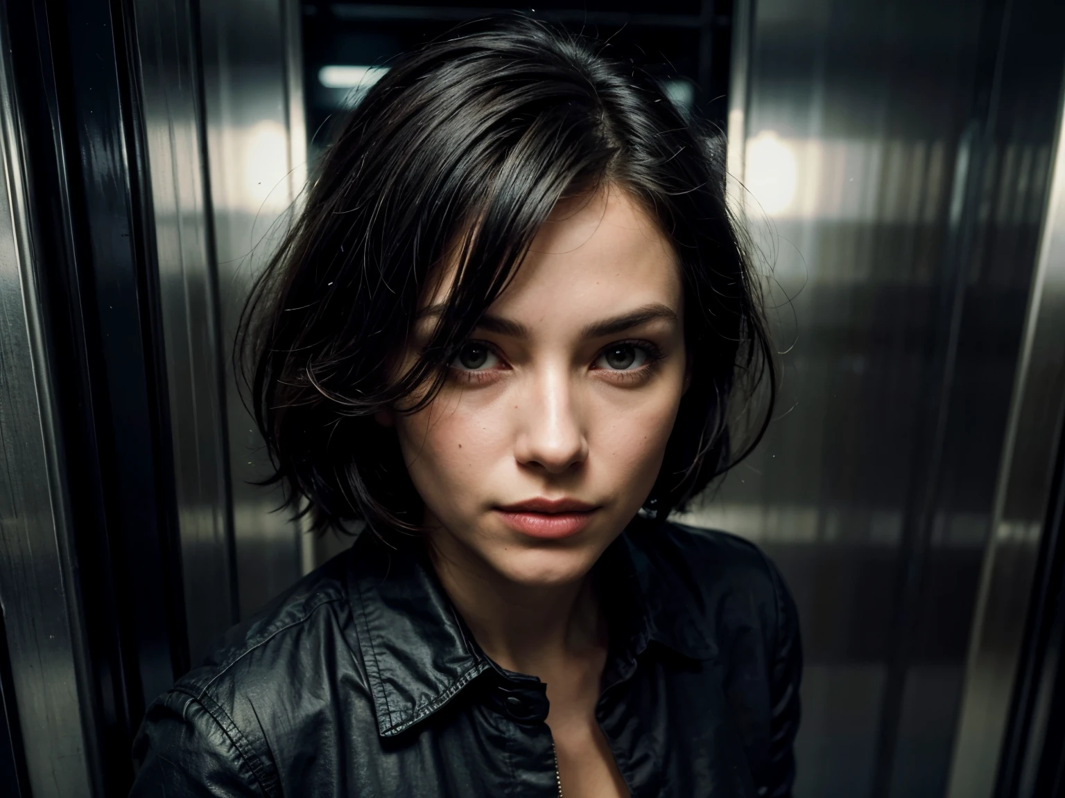cctv footage, from above:0.7, inside a extremely small luxury elevator, 1 woman,(antique elevator is filled with mystery), she's a 5' 2 model, short brunette bob hair, ((she's wearing a black trench coat:1.3) full-length belted black leather trench coat:0.2) , she has black mary jane shoes, she leans into the corner of incredible elevator, looking at camera, (smokey eye makeup:0.8), flirting, interior , we see elevator panel lit up, floor buttons, door shut, realistic photo, (48% of photo is black in drawing:1.4), (everything looks luxurious and elegant:0.9), (woman perfectly styled:1.4) , she is playing with camera, (top panel elevator light:1.1),(relaxed intimate photoshoot), beautiful face, slight smile, small white handbag over shoulder, intense presence, (perfect posture:0.3), cozy relaxed, catching us, beautiful hands, kind eyes, gorgeous soft warm lighting:1.4,, incredible details, ((high contrast)), (deep, darkest shadows), (shadow details:1.0), ((taken using elevator cctv Leica camera, aperture: f/11)) , hyper-realistic skin, pores, scar, mole, healthy skin, her arms relaxed, relaxed moment, she's in dark with one elevator light, elevator panel buttons glow softly, (romantic light:1.2), radiant skin, perfectly framed face, perfect relaxed hands, perfect fingers, (perfect portrait, incredible eyes:1.1), a work of art, beautiful composition, golden ratio, inspiring, (highest quality fabric texture), every detail,Fine facial features – (Highest Quality) ,security camera footage, High quality ○○ detailed – ○○ details ultra detailed(Ultra-fine ), Photorealistic, Extremely detailed(Extremely detailed) , (highest detail image, realistic)○○ res – ○○ resolution ultra high res
