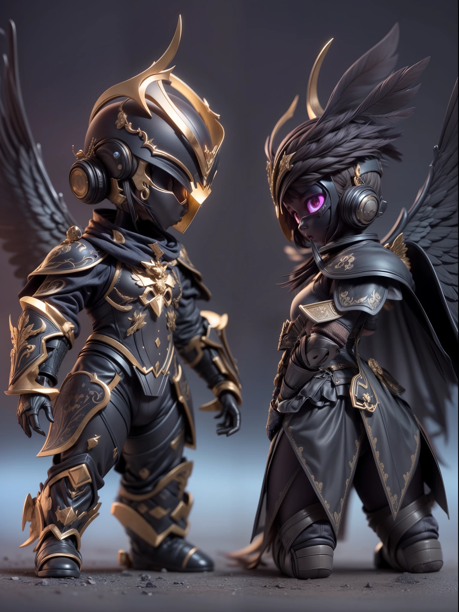 (Blind box toy style:1.2), (Full body shot) , 1 Mechanical Angel ,anatomy correct，Black-gray metal winglack-gray armor, hooding:1.2, Solo，(circular base:1.2）， Baroque style, dreamy glow, Clean, Brown undertone, Battle damage style:1.2,Black gold style ( Clean background，Global illumination, Ray traching, hdr, unreal render,reasonable design, high detal, Masterpiece, Best quality, hyper HD, Cinematic lighting)